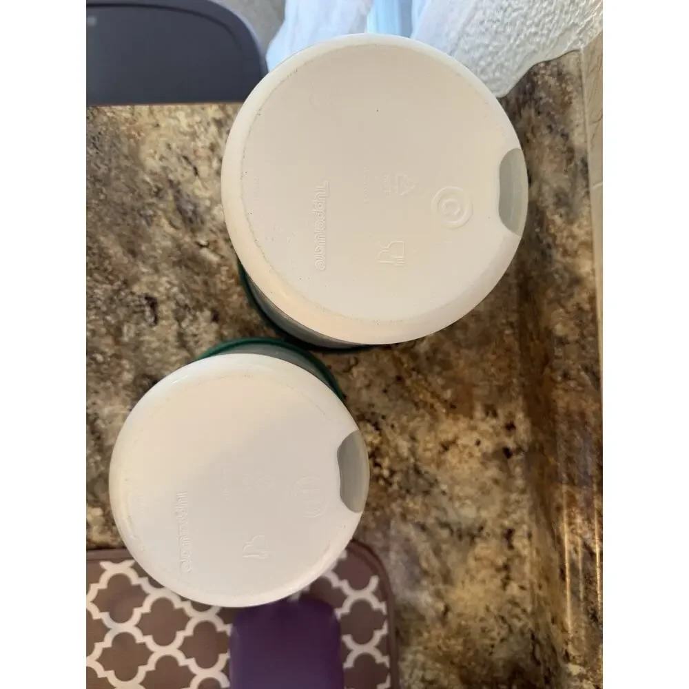 Vintage Tupperware Reminder Canisters Set of 2 White With Green Lids Granny Core